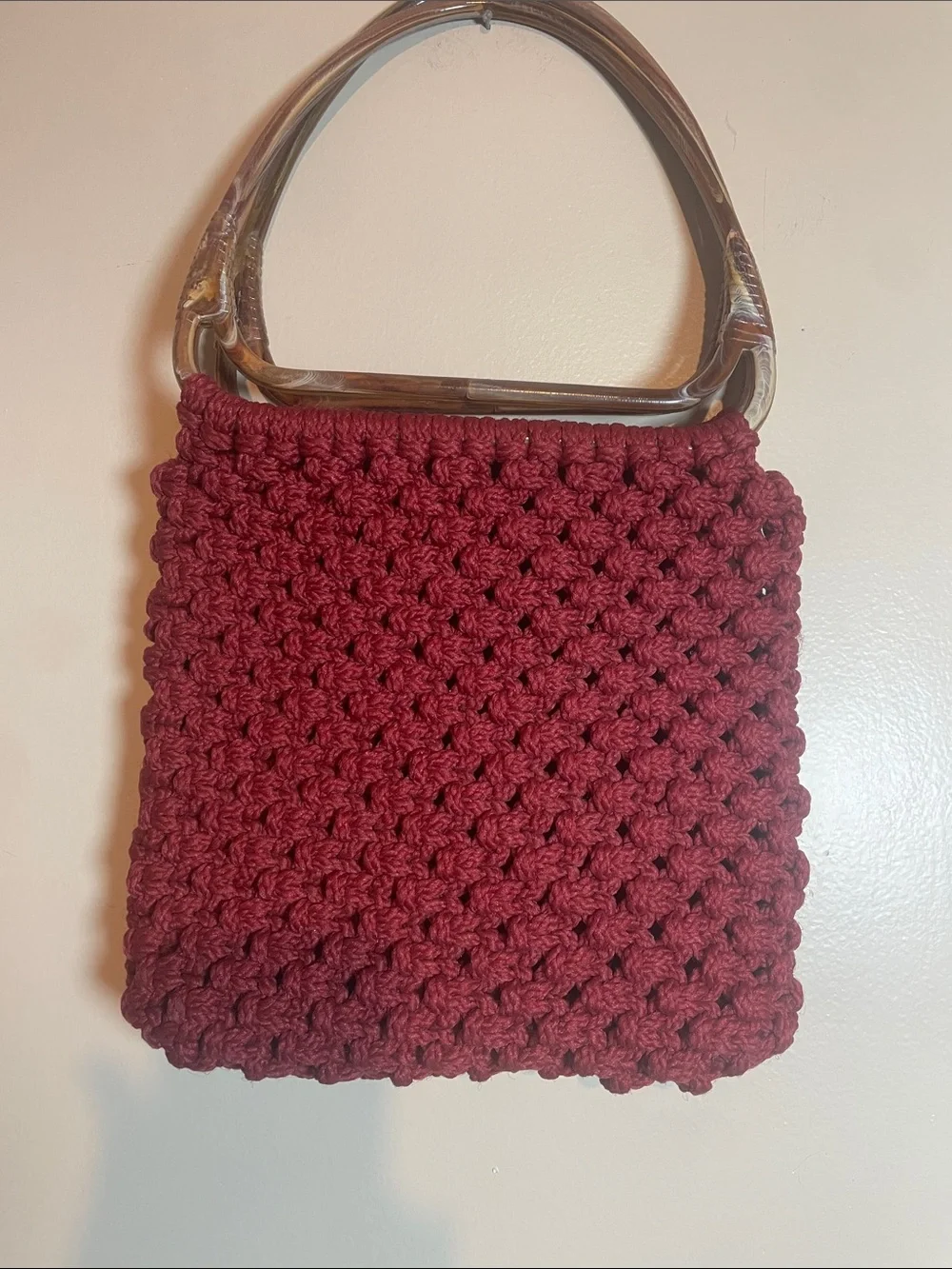 Handcrafted Maroon Crochet Tote Bag with Wooden Handles